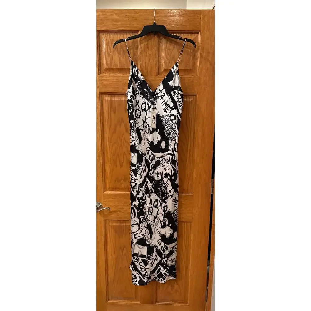 L'AGENCE Seridie Silk Midi Slip Dress - Black/White Graffiti size 10 (new) - Picture 5 of 8